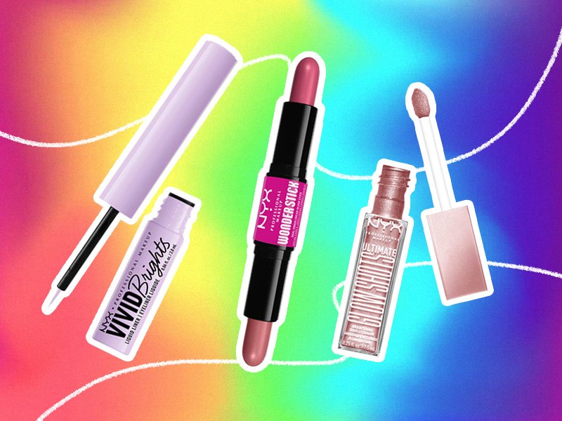 Picture of the NYX Professional Makeup Vivid Brights Liquid Liner, Wonder Blush and Glow Shots on a rainbow graphic background