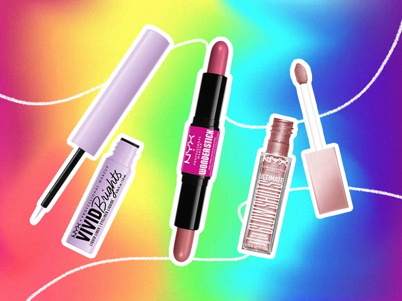 Picture of the NYX Professional Makeup Vivid Brights Colored Liquid Eyeliner, Wonder Stick Blush and Ultimate Glow Shots in Grapefruit on a rainbow graphic background