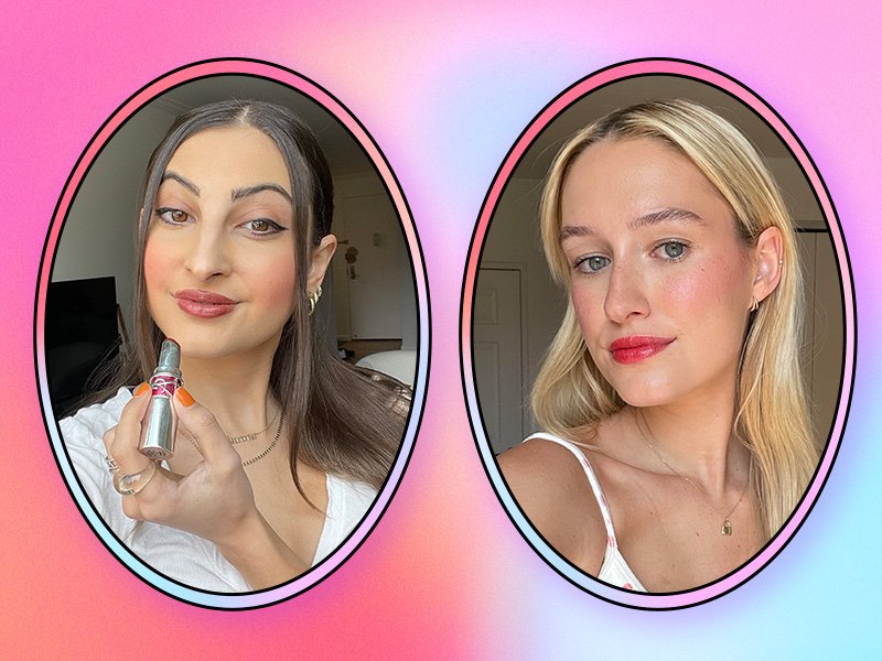 Picture of two editors wearing the YSL Beauty Rouge Volupté Candy Glaze Lip Gloss Sticks on a pink and blue gradient graphic background