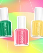 Essie Grass Never Greener, Essie In Our Domain and Essie Sunshine Be Mine nail polish shades collaged on a green, pink and yellow background to match the polish colors