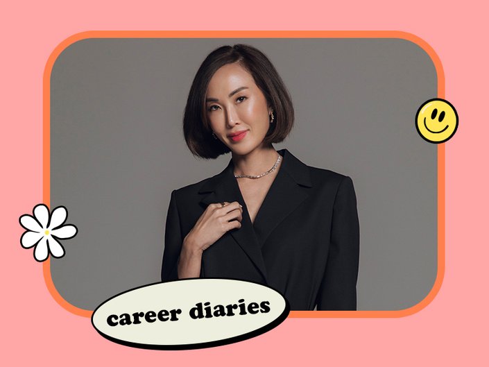 Picture of Chriselle Lim on a neutral background with a graphic coral background and a graphic that reads “career diaries,” a graphic daisy and smiley face