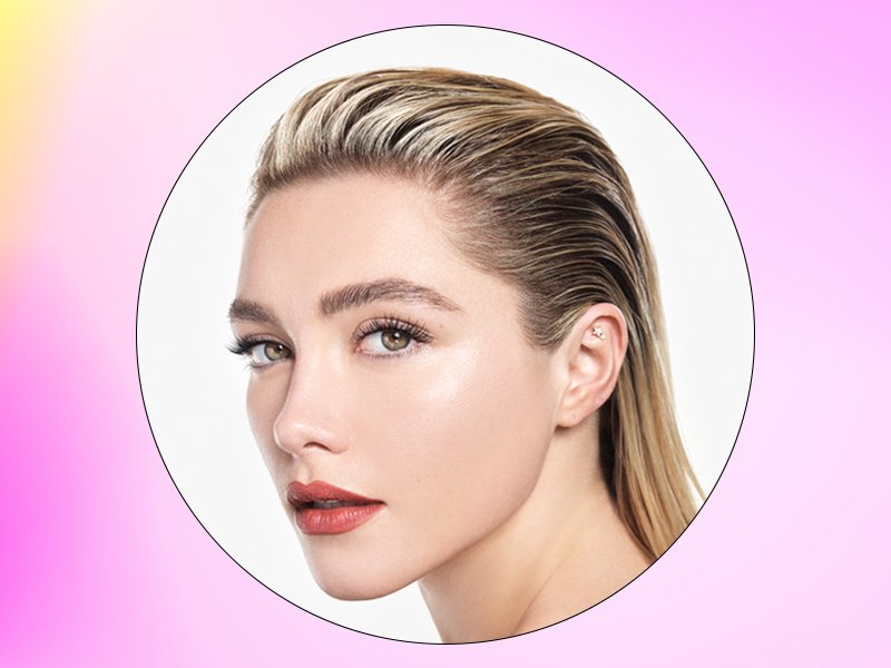 Photo of Florence Pugh with slicked back hair wearing Valentino Beauty makeup collaged on a pink and yellow background