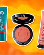 Image of the Urban Decay Hydromaniac Dewy Liquid Blush, the Giorgio Armani Beauty Luminous Silk Blush and Maybelline New York Cheek Heat Gel-Cream blush on an orange gradient graphic background