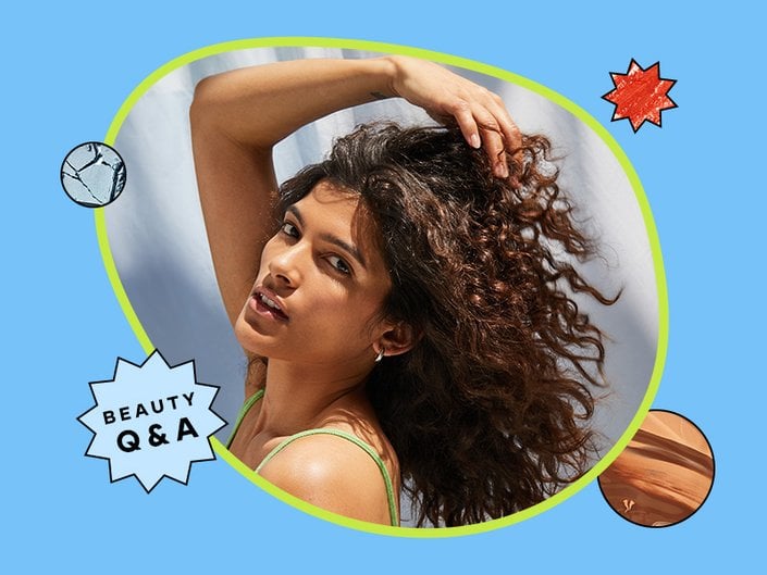 Photo of person with dark curly hair on a blue background with the “Beauty Q&A” logo