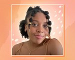Person with short, curly dark hair styled in baby bubble braids collaged on an orange background