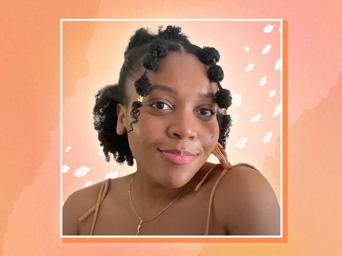 Person with short, curly dark hair styled in baby bubble braids collaged on an orange background