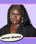 Photo of Nyma Tang wearing gold earrings and a black blazer, collaged on a purple background with the Career Diaries logo, a white daisy and a blue smiley face