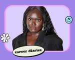 Photo of Nyma Tang wearing gold earrings and a black blazer, collaged on a purple background with the Career Diaries logo, a white daisy and a blue smiley face