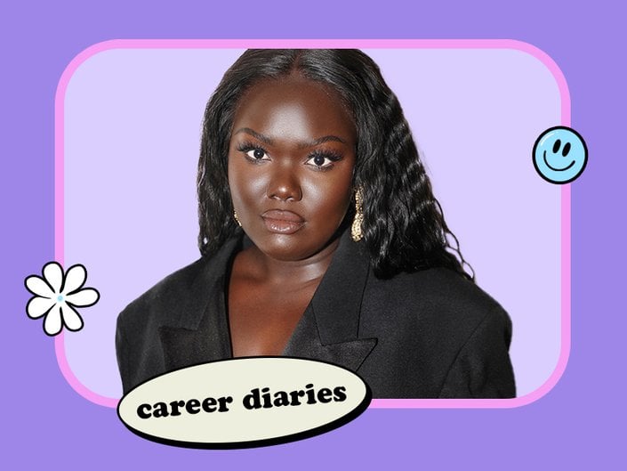 Photo of Nyma Tang wearing gold earrings and a black blazer, collaged on a purple background with the Career Diaries logo, a white daisy and a blue smiley face