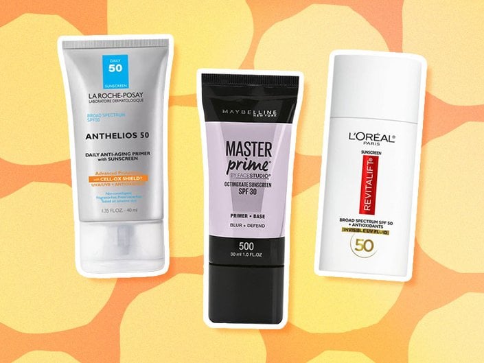 Image of the La Roche-Posay Anthelios Daily Anti-Aging Face Primer with SPF 50 Sunscreen, Maybelline New York FaceStudio Master Prime Blur + Defend Primer and L'Oréal Paris Revitalift Derm Intensives Broad Spectrum SPF 50 Invisible UV Fluid on a graphic orange background 