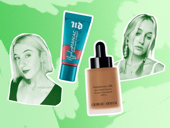 urban decay hydromanic and armani bronze drops collaged onto a green background with editor photos