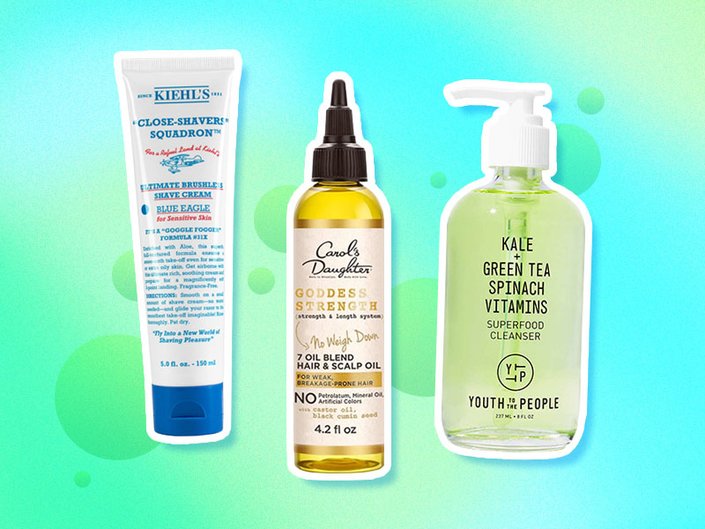 Collage of the Kiehl’s Ultimate Brushless Shave Cream Blue Eagle, Carol’s Daughter Goddess Strength 7 Oil Blend Scalp & Hair Oil and the Youth to the People Superfood Cleanser on a blue and green graphic background