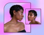 Photos of a Black model with  dark hair cut in a wixie haircut collaged on a pink and purple tie-dye background
