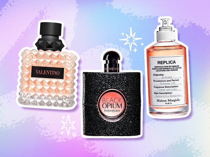Collage of Valentino Beauty Donna Born in Roma Coral Fantasy Eau de Parfum, YSL Beauty Black Opium Eau de Parfum and Maison Margiela Paris REPLICA On a Date on a purple and blue background