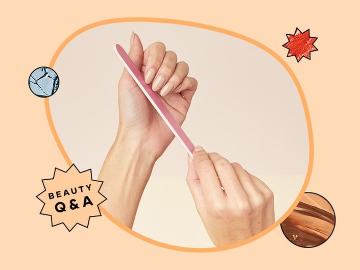 Picture of a person filing their nails on a cream-colored graphic background with a starburst shape that reads "Beauty Q&A"