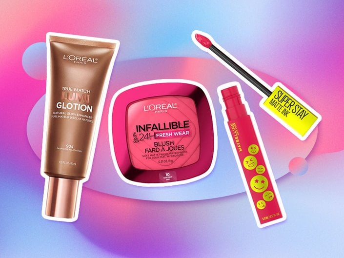 L’Oréal Paris True Match Lumi Glotion Natural Glow Enhancer, L’Oréal Paris Infallible Up to 24H Fresh Wear Soft Matte Blush in Confident Pink and Maybelline New York Super Stay Matte Ink Liquid Lipstick in Motivator collaged on a pink and purple background