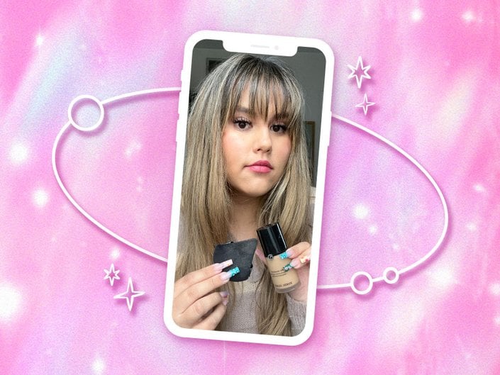 Pink watercolor background with a collage of a person holding a powder puff and Giorgio Armani Beauty Luminous Silk Foundation.