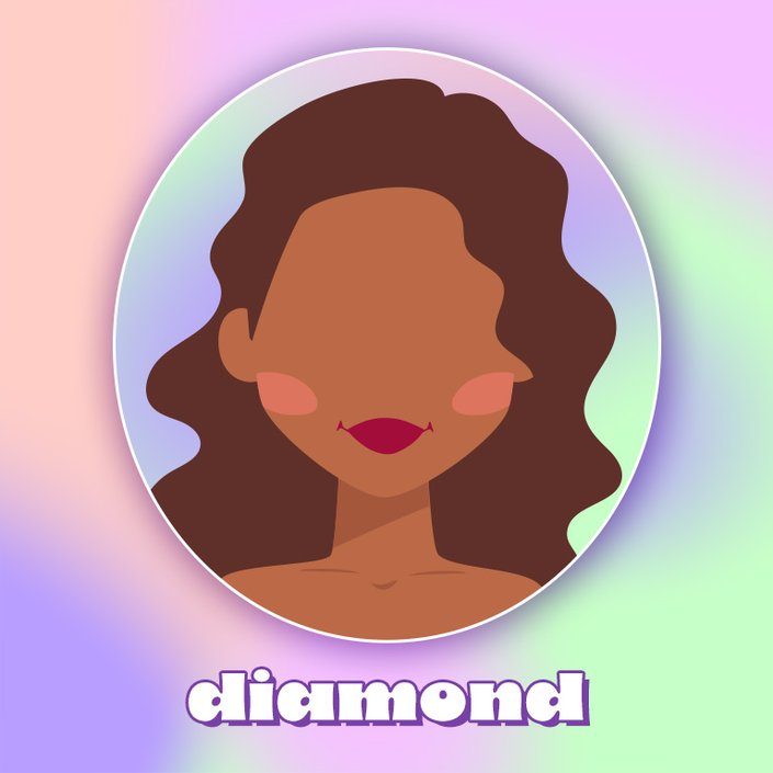 Illustration of a diamond-shaped face wearing blush, collaged on a rainbow pastel tie-dye background
