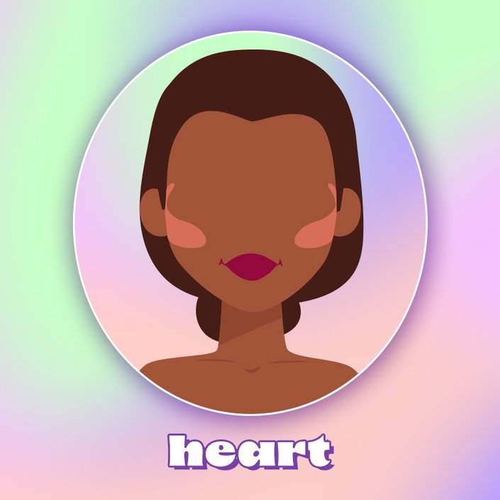 Illustration of a heart-shaped face wearing blush, collaged on a rainbow pastel tie-dye background