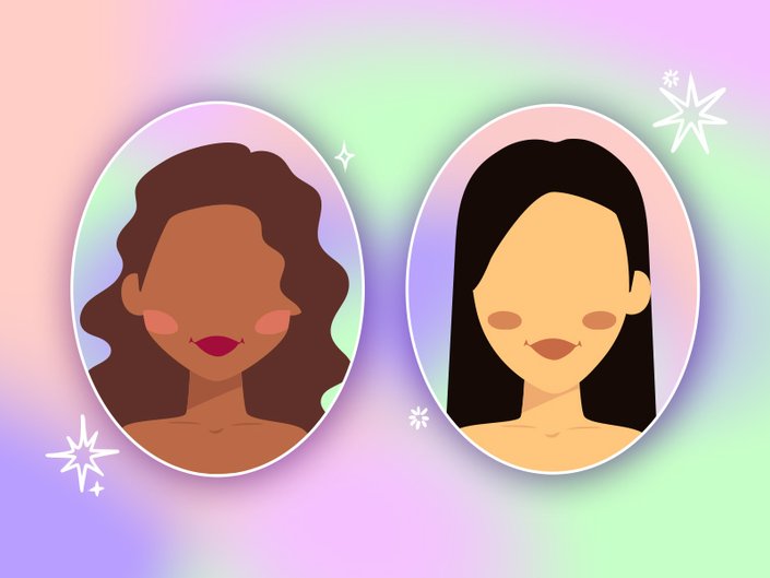 Illustration of two different faces wearing blush, collaged on a rainbow pastel tie-dye background