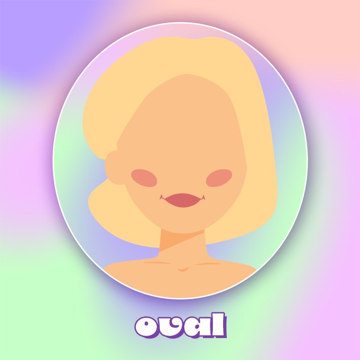 Illustration of an oval face wearing blush, collaged on a rainbow pastel tie-dye background