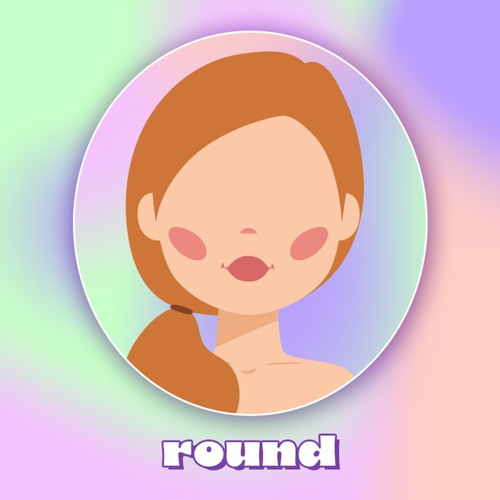 Illustration of a round face wearing blush, collaged on a rainbow pastel tie-dye background