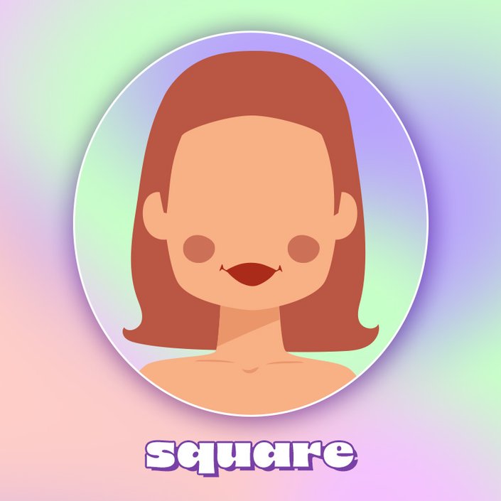 Illustration of a square face wearing blush, collaged on a rainbow pastel tie-dye background