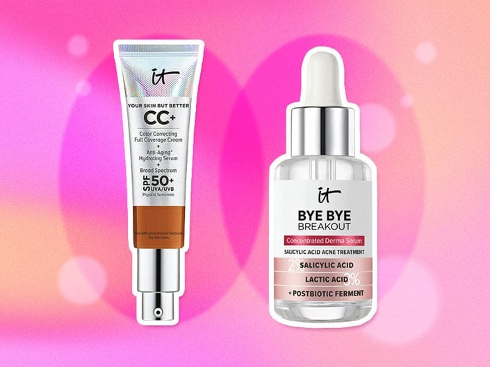 IT Cosmetics Bye Bye Breakout Salicylic Acid Acne Serum and the IT Cosmetics CC+ Cream Full-Coverage Foundation With SPF 50+ collaged on a pink background