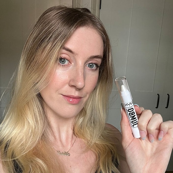 Ariel wearing the NYX Professional Makeup Jumbo Multi-Use Highlighter Stick in Vanilla Ice Cream