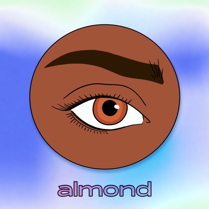 Illustration of an almond-shaped eye collaged on a blue tie-dye background