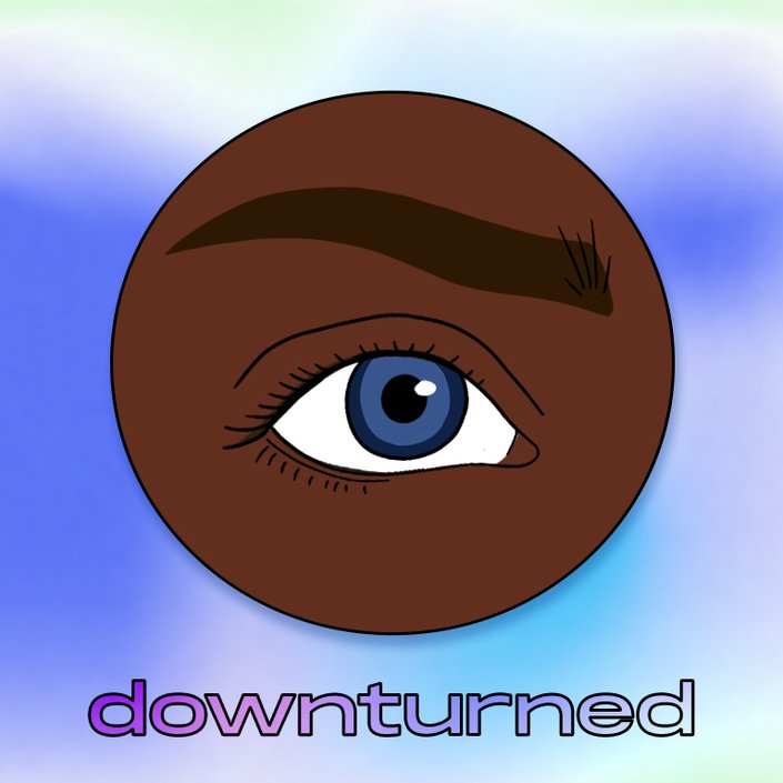Illustration of a downturned eye collaged on a blue tie-dye background