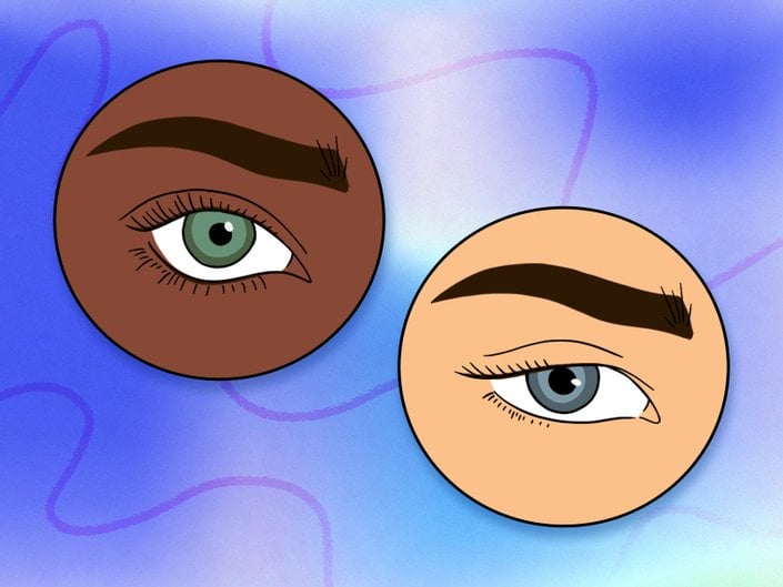Illustration of two different eye shapes collaged on a blue background