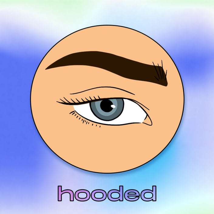 Illustration of a hooded eye collaged on a blue tie-dye background