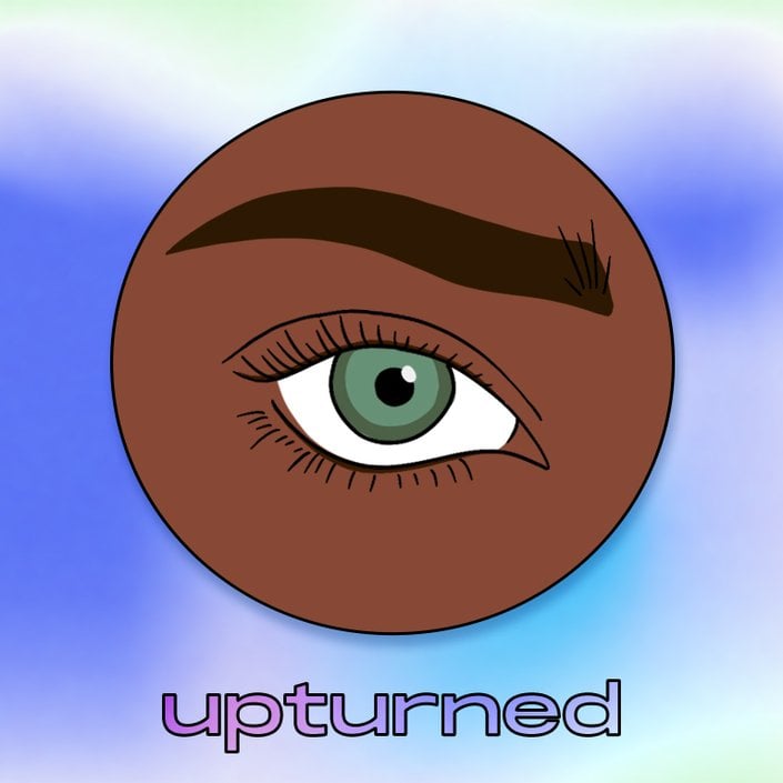 Illustration of an upturned eye collaged on a blue tie-dye background