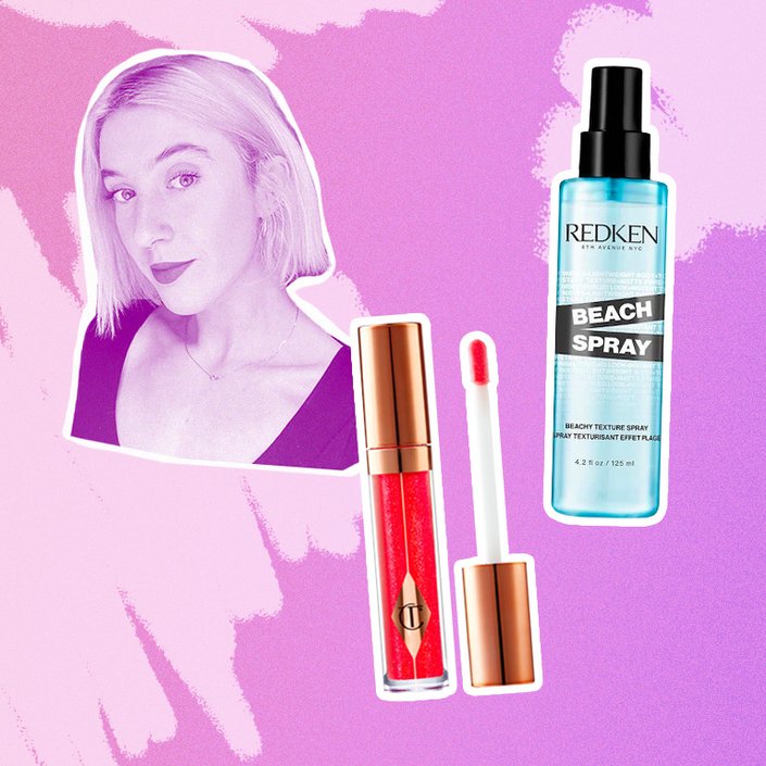 Redken Beach Spray, Charlotte Tilbury Pinkgasm Jewel Lips in Pinkgasm Sunset