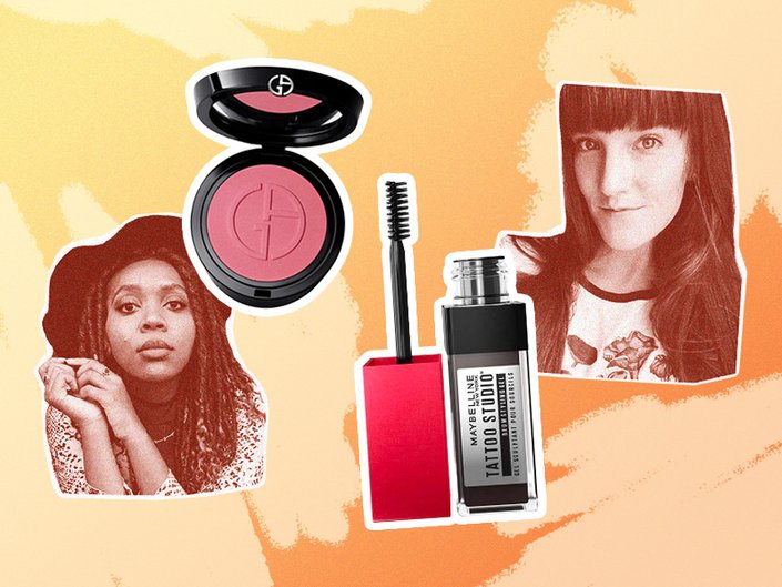 collage of editors and the maybelline brow mascara and the giorgio armani luminous silk blush