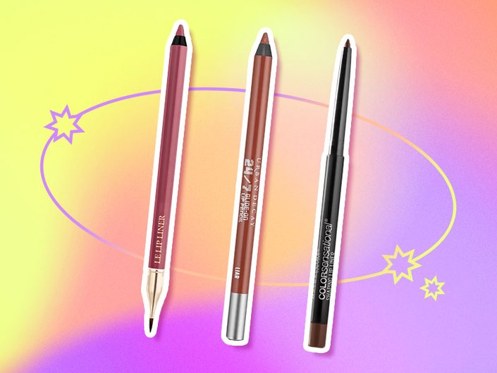 Picture of the Lancôme Le Lip Liner, Urban Decay Cosmetics 24/7 Glide-On Lip Pencil and the Maybelline New York Color Sensational Shaping Lip Liner on a multicolored graphic background