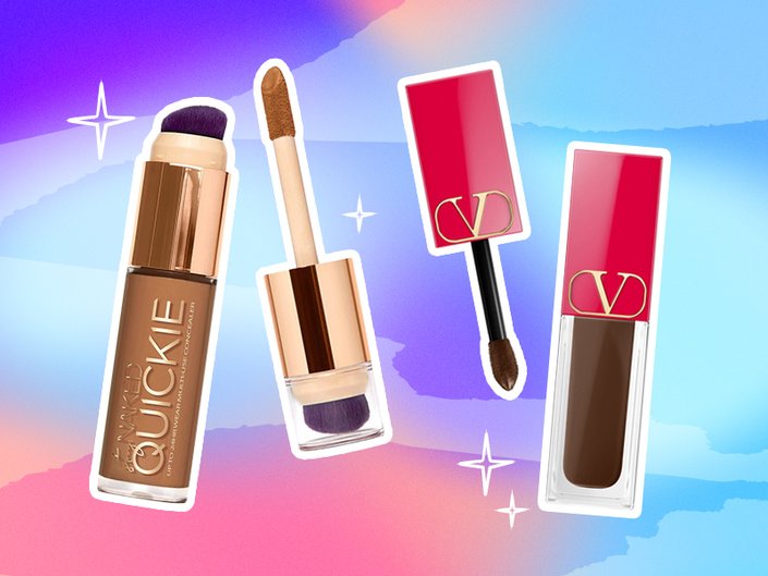 urban decay quickies concealer, valentino beauty concealer collaged onto a colorful pink and blue background
