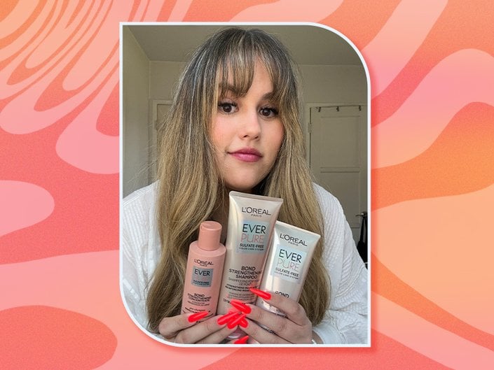 Pink and orange collage with person holding the L’Oréal Paris EverPure Bonding System.