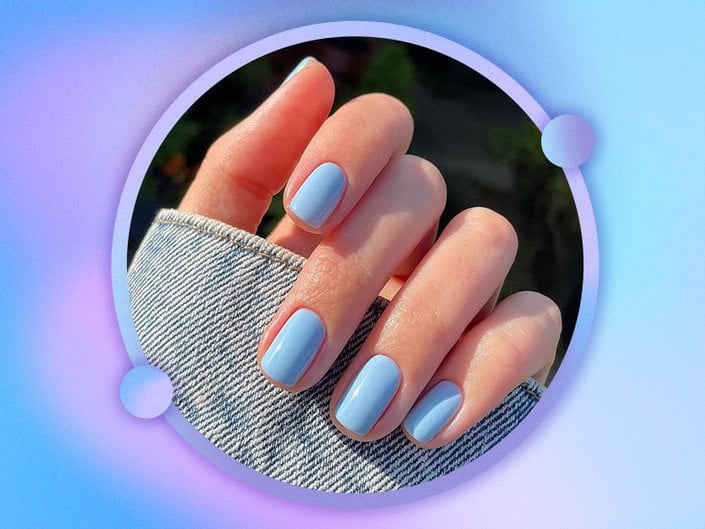 Picture of light blue nails on a blue and purple gradient graphic background