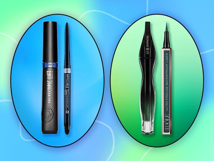 Blue and green tie-dye collage with photos of the L’Oréal Paris Telescopic Lift Washable Mascara in Stellar Blue, the L’Oréal Paris Infallible Grip Mechanical Gel Eyeliner in Blue Jersey, the Lancôme Le 8 Hypnôse Serum-Infused Mascara in Noir Malachite and the Lancôme Idôle Liner in Emerald.