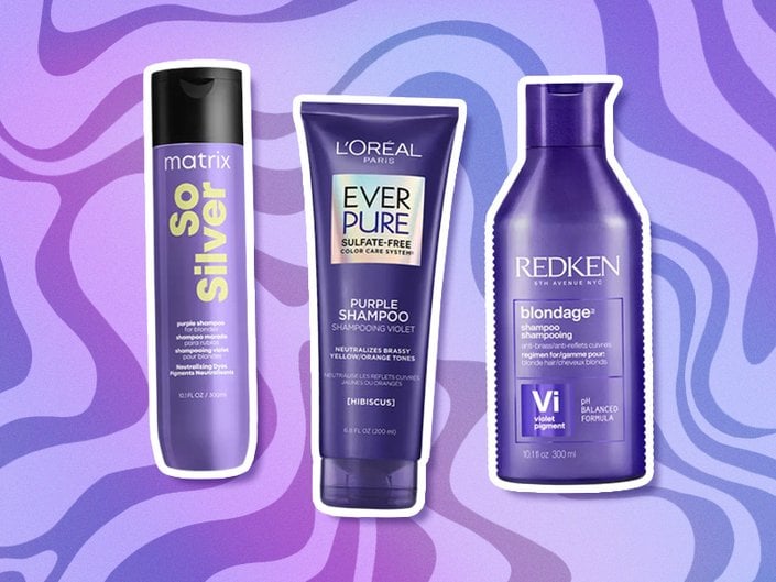 Picture of the Matrix Total Results So Silver Purple Shampoo for Blonde Hair, L'Oréal Paris EverPure Sulfate-Free Brass Toning Purple Shampoo and the Redken Color Extend Blondage Color Depositing Shampoo on a swirly purple graphic background