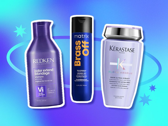 Redken Color Extend Blondage Shampoo, Matrix Brass Off Blue Shampoo and Kérastase Blond Absolu Bain Ultra-Violet Purple Shampoo collage on a blue and purple background