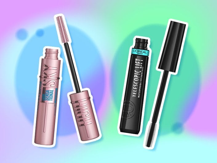 collage of mascaras on a bright green, purple and blue background