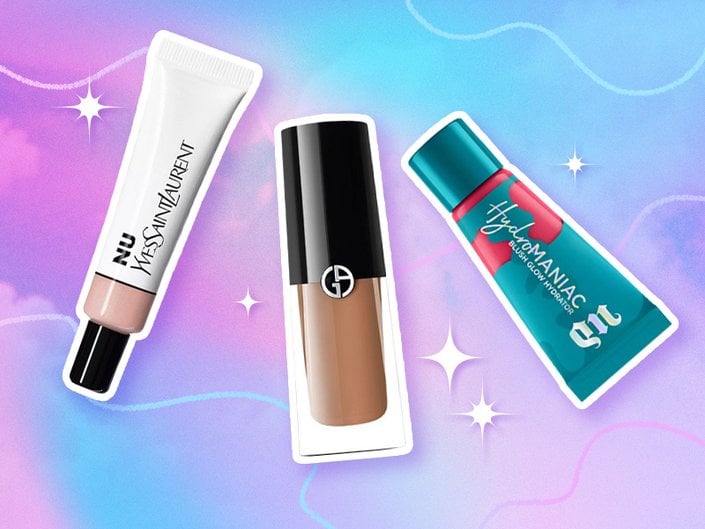 ysl nu halo tint, giorgio armani liquid shadow, urban decay hydromaniac blush collaged onto a purple and blue background