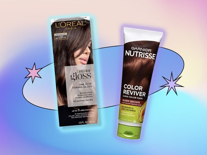 Picture of the L'Oréal Le Color Gloss One Step In-Shower Toning Gloss and the Garnier Nutrisse Color Reviver on a graphic multicolored background
