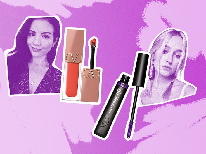 Valentino Liquirosso 2-in-1 Lip & Blush Soft Matte Color, L’Oréal Paris Telescopic Lift Washable Mascara in Galactic Purple