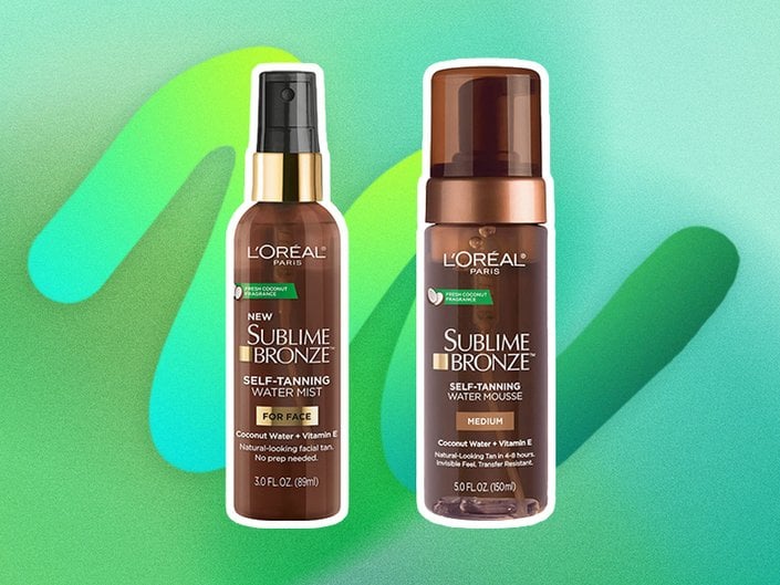 loreal paris sublime bronze tanning mousse and facial tanning spray collaged onto a green background