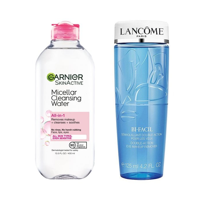 arnier SkinActive Micellar Cleansing Water All-in-1 and Lancôme Bi-Facil Double Action Eye Makeup Remover.
