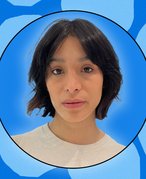 person wearing a short back to school hair cut collaged onto a blue background